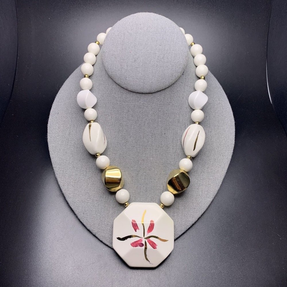 Chunky Beaded Pendant Necklace Japan White Gold Tone Hand Painted Pink Vintage